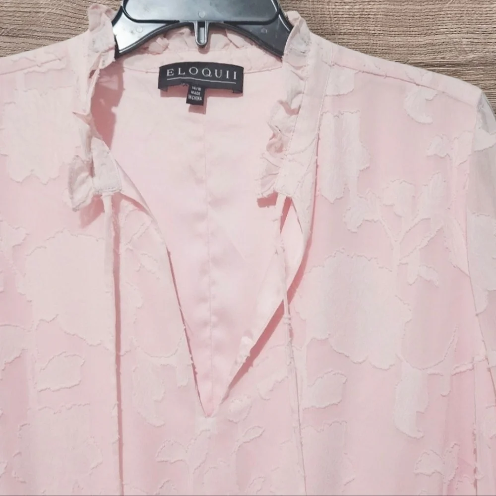 Eloquii Mini Pink Chiffon Tiered Ruffle Dress with Bow Neck Long Sleeve Boho